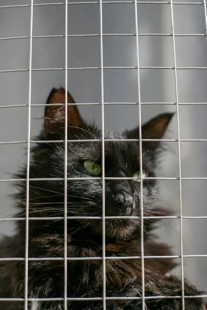 A black cat with green eyes behind a metal cage, illustrating captivity indoors.